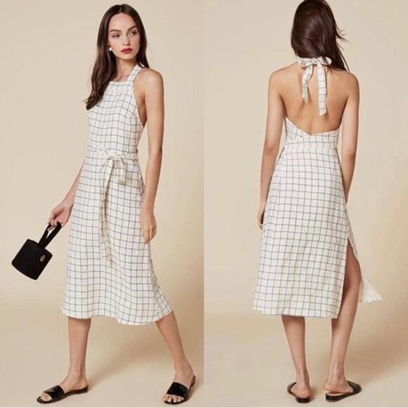 nwot REFORMATIOM Dress L Apron-Wrap Plaid White Black Slit-side Tie-Neck&Waist - Picture 1 of 10